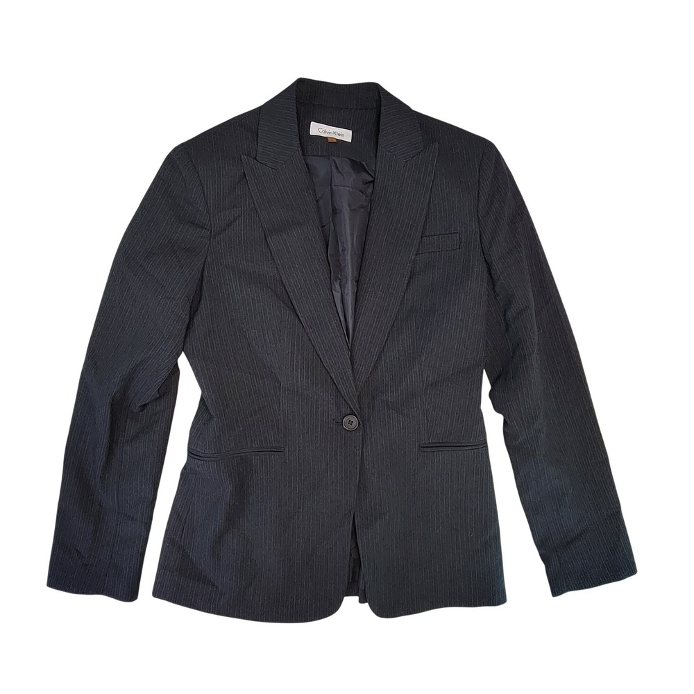 Calvin Klein Women's Black Pinstripe Blazer Suit Jacket Size 2